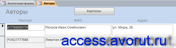 Форма «Авторы». Скачать пример готовой базы данных «Выставка-продажа картин».